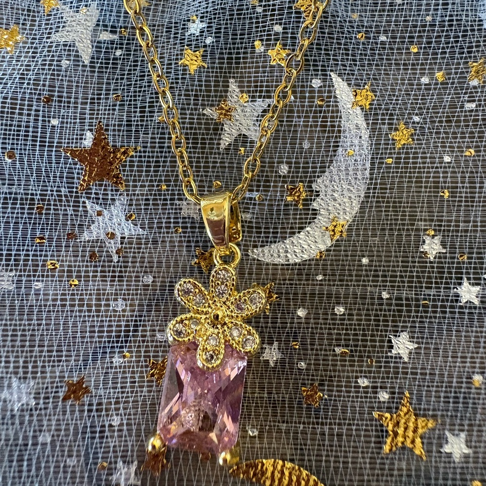 Gold and Pink Flower Pendant Necklace - Picture 2 of 6